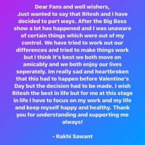 Rakhi Sawant announces her separation from Ritesh